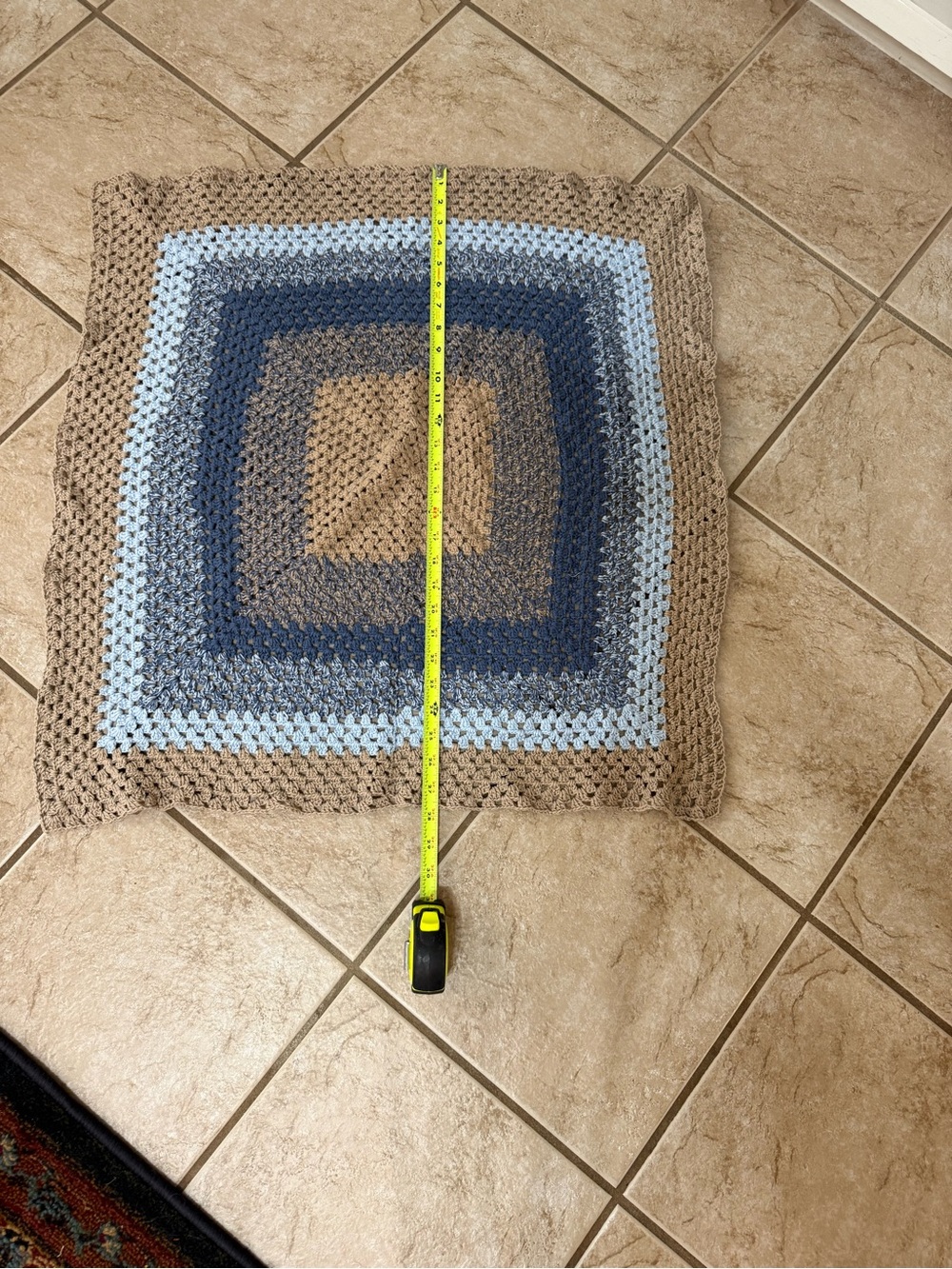 Handmade Crochet Baby Blanket Blue Taupe Approximately 30x30 - Picture 4 of 6